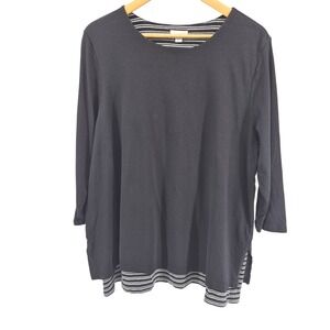 J Jill Black Striped Layered Hem 3/4 Sleeve Tunic Top Womens Sz XL Travel Resort